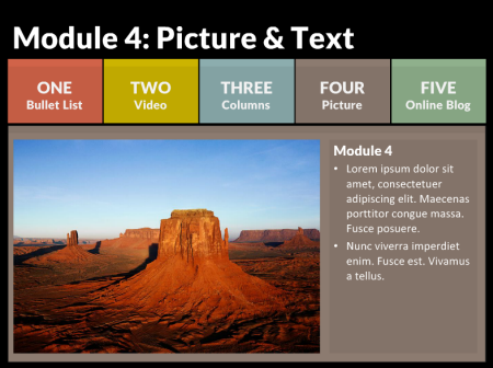 Articulate Rapid E-Learning Blog - example of a multi colored tabs interaction and free PowerPoint template for online training